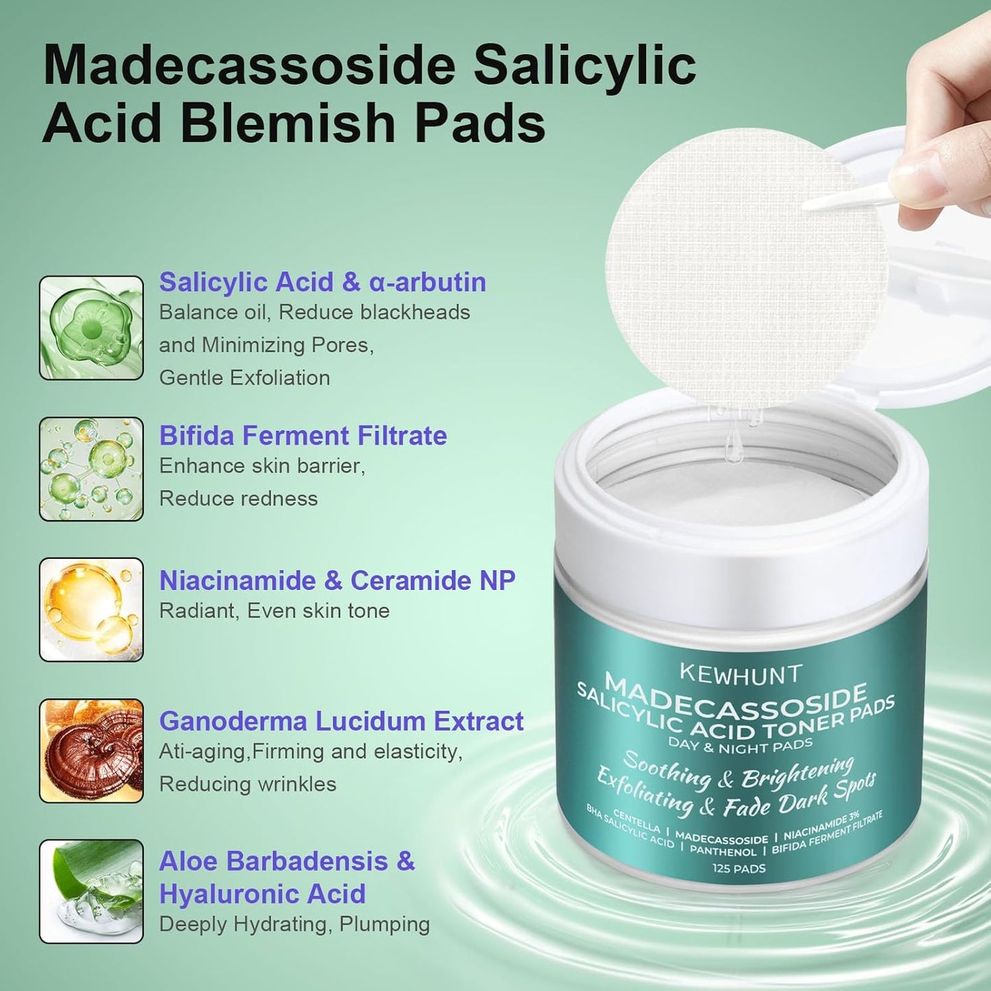 Madecassoside Toner Pads, Mild Exfoliating Pads, Calming Face Pad -Centella, Niacinamide, BHA Salicylic Acid for Soothe, Blemishes, Uneven Skin Tone, Dark Spots, Daily Skincare 125 Pad Christmas Gifts