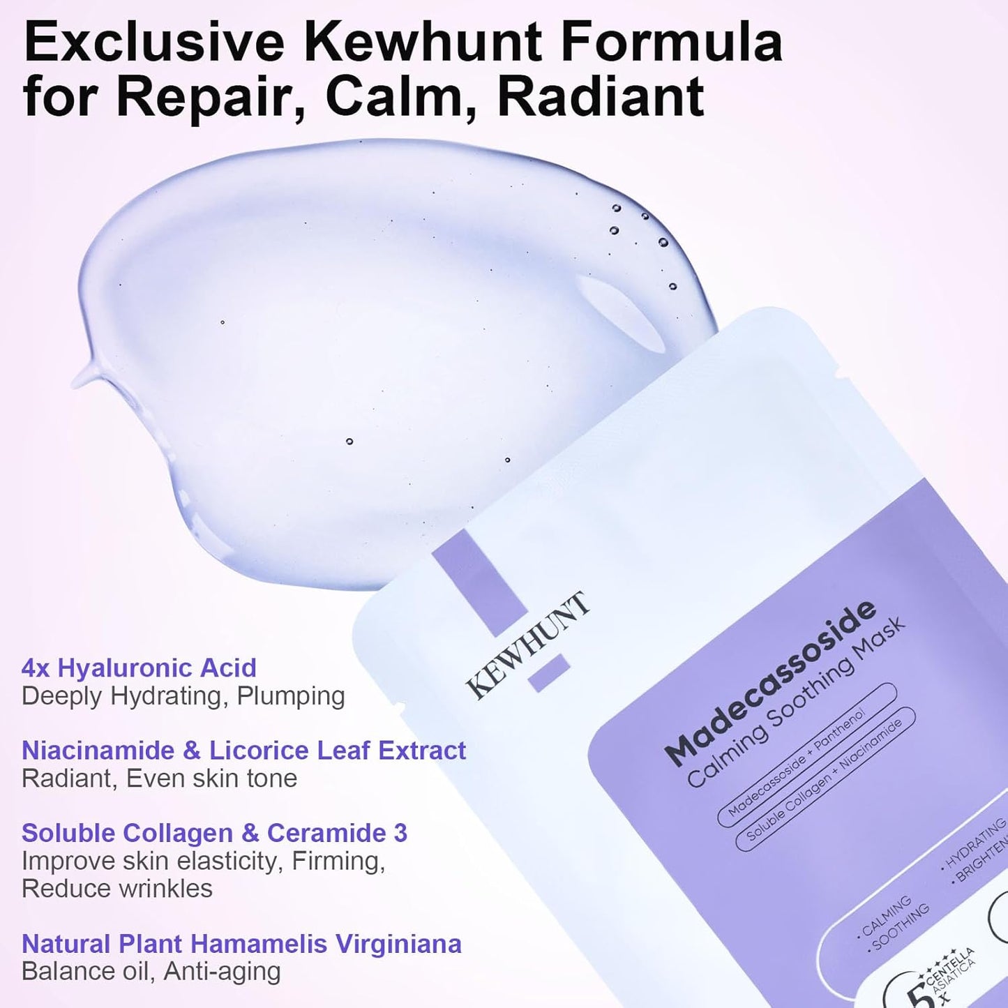 Madecassoside Sheet Mask Blemish Repair, Collagen Face Mask- Hyaluronic Acid, Niacinamide, Panthenol, Centella Facial Masks for Sooth, Hydration, Firming, Korean Skin Care, Stocking Stuffers